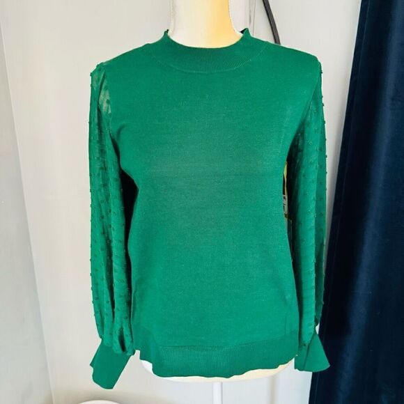 CeCe Clip Dot Sleeve Sweater, Holiday Christmas Party Top, Green, Size Small NWT - Picture 7 of 10